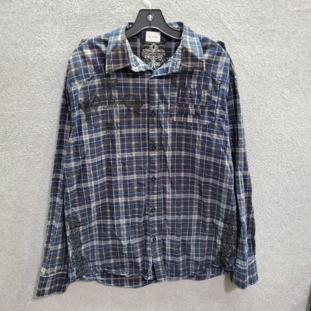 Roar Signature Men Button Up Shirt 2XL Blue Plaid Enough Excuses Embroidered